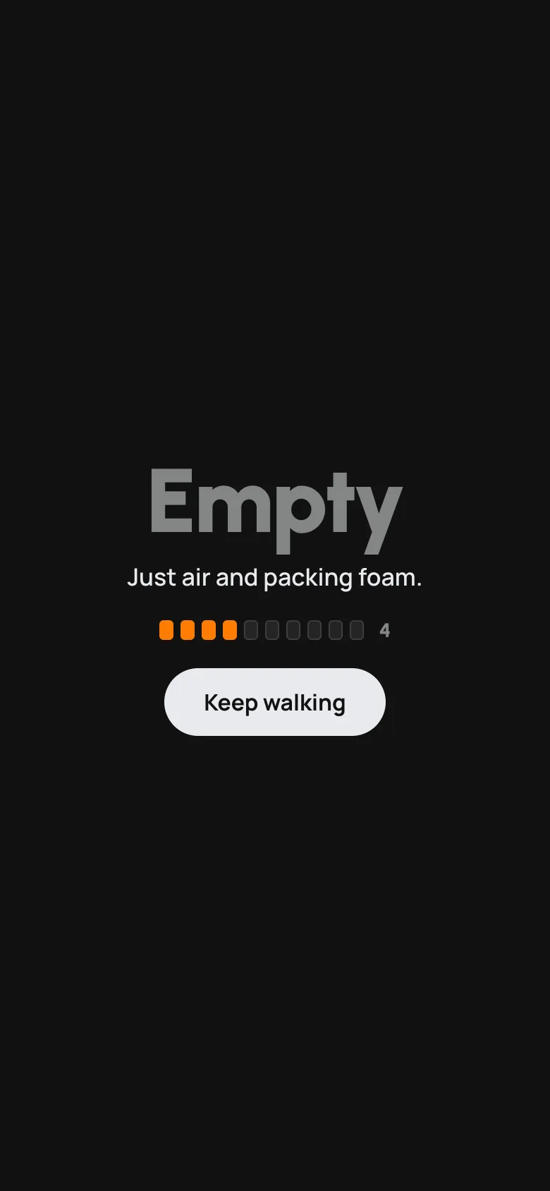 An empty GoCollect crate: just air and packing foam, with a Keep walking button.
